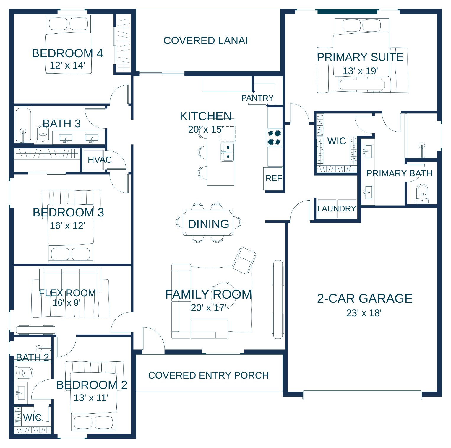 Floor plan of the Alfa with a 2-car garage: 4 bedrooms, 3 baths
