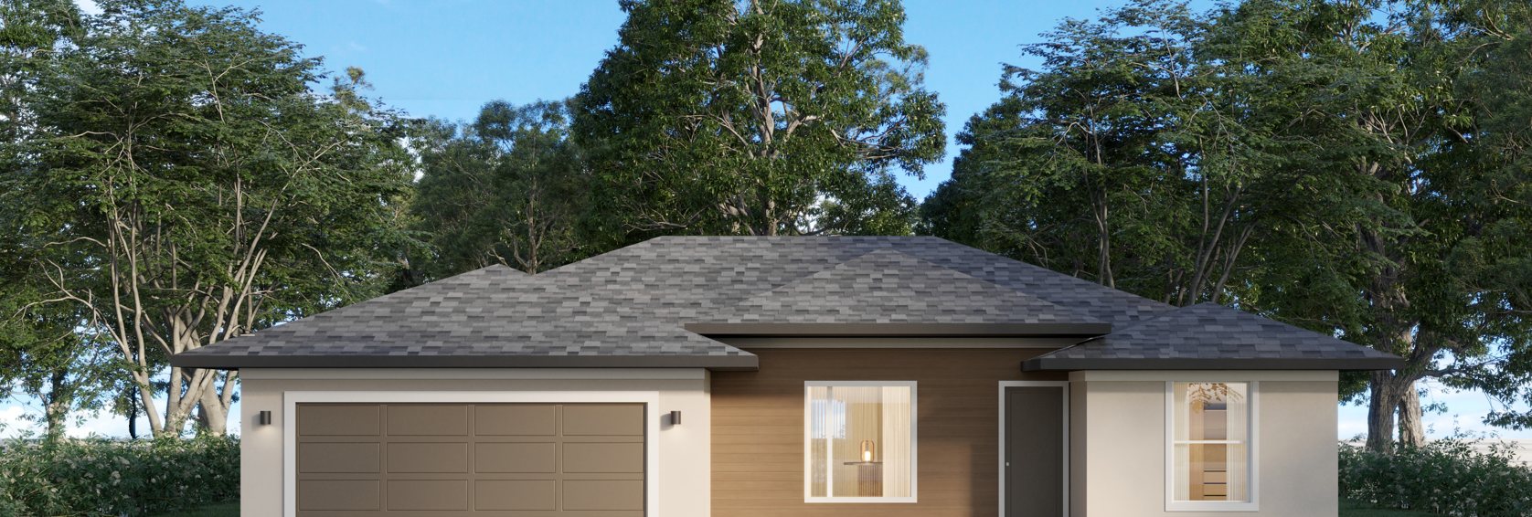 Rendering of the Delta plan: single-story home with wood-look and stucco front, stone accents and a dark roof
