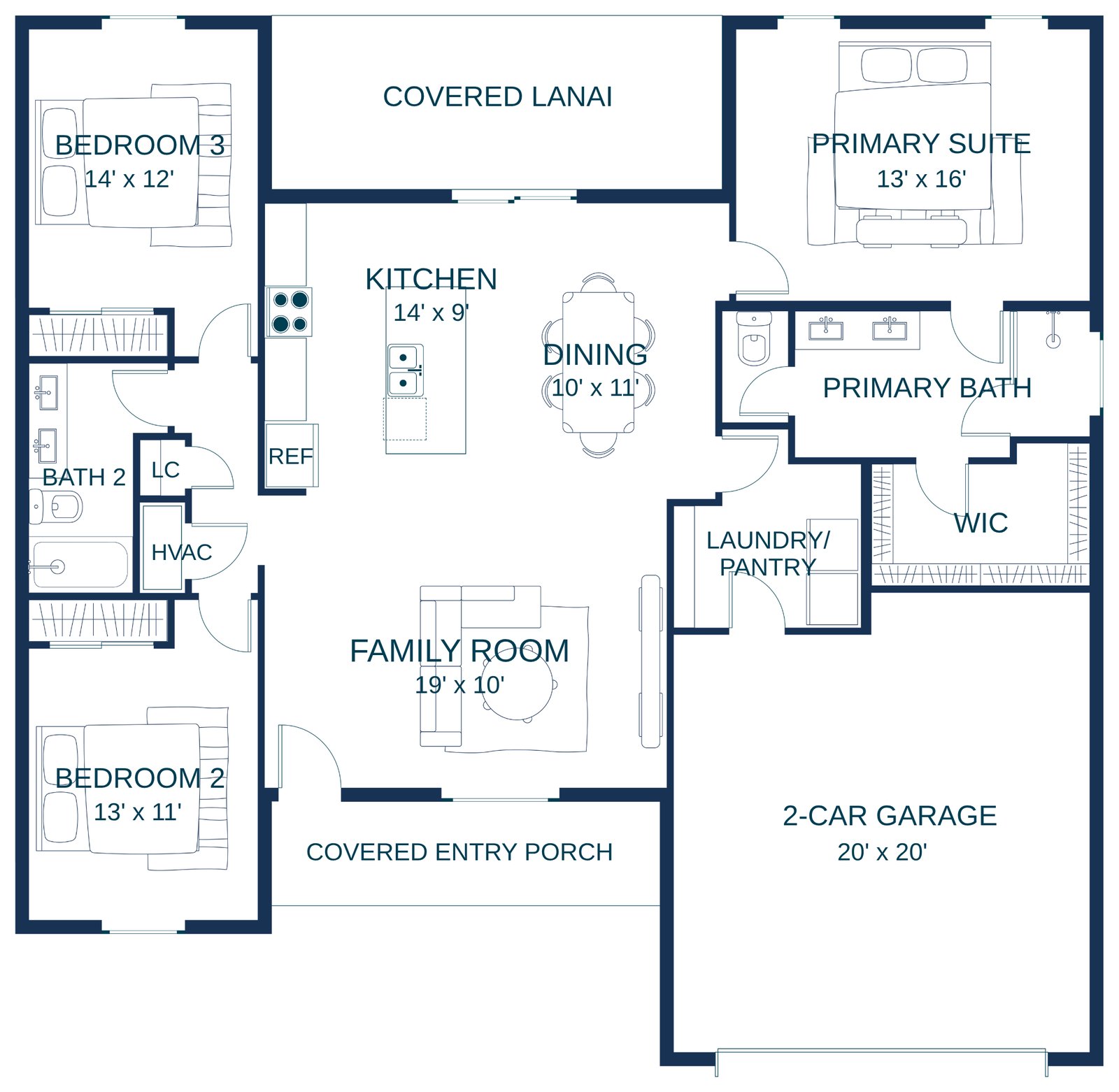 Floor plan of the Delta with a 2-car garage: 3 bedrooms, 2 baths