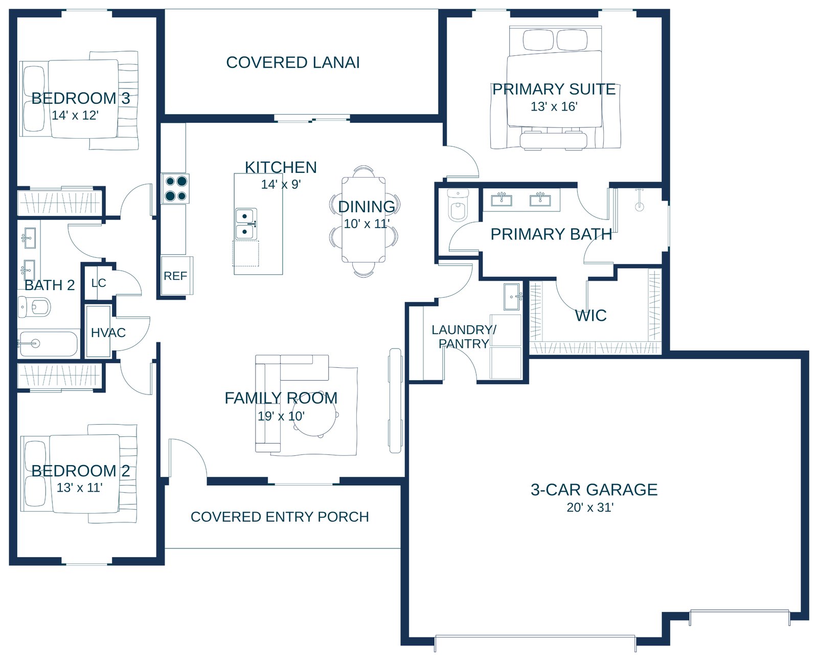 Floor plan of the Delta with a 3-car garage: 3 bedrooms, 2 baths