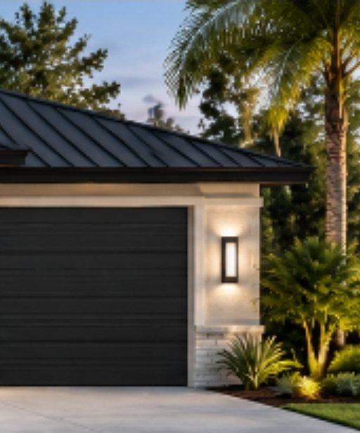 Rendering detail: dark modern garage door, stone column and a vertical wall light at dusk