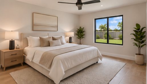Rendering of a bedroom with a ceiling fan and a black-framed window