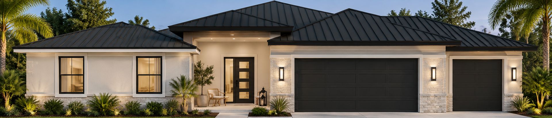 Rendering of a FORMA Sierra home at dusk, with a covered entry, stone accents and a dark standing-seam roof