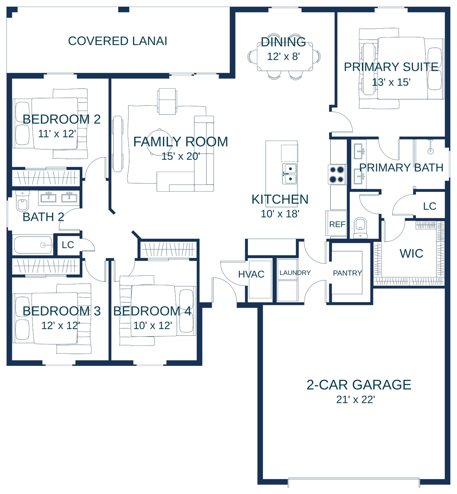 Floor plan of the Sierra with a 2-car garage: 4 bedrooms, 2 baths