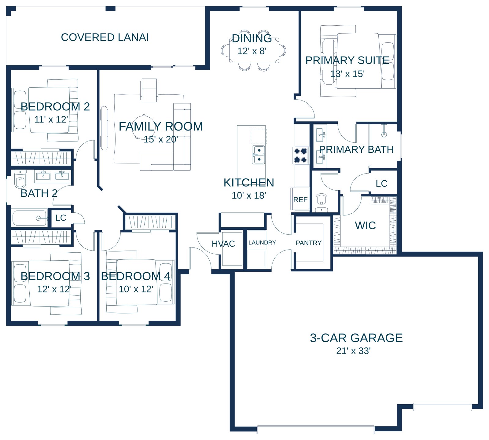 Floor plan of the Sierra with a 3-car garage: 4 bedrooms, 2 baths