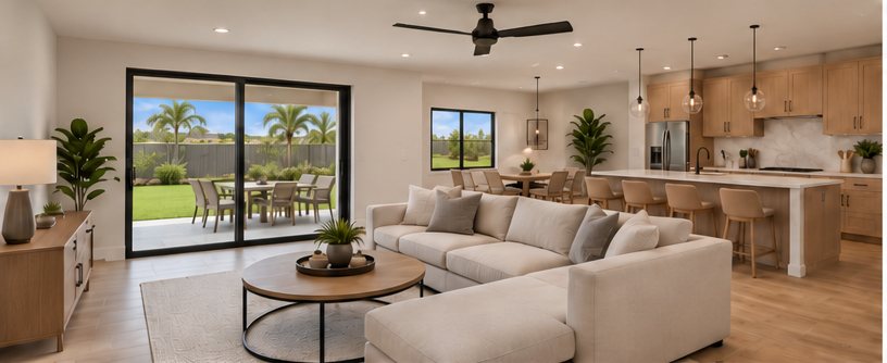 Rendering of an open family room and kitchen with an island, pendant lights and sliding doors to a covered lanai